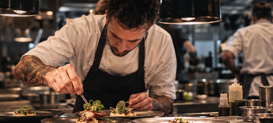 Professional chef plating dishes in a busy restaurant kitchen