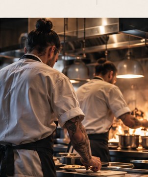 Professional chefs working together in a restaurant kitchen